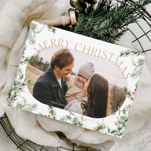 Kerst groen bladeren goud glitter foto feestdagenkaart