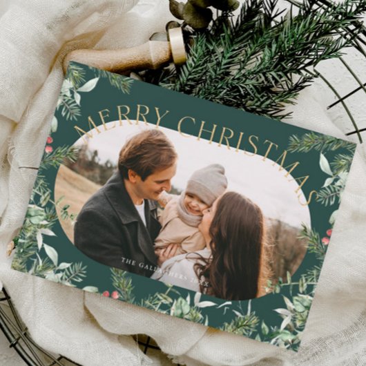 Kerst groen bladeren goud glitter foto feestdagenkaart
