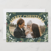 Kerst groen bladeren goud glitter foto feestdagenkaart (Voorkant)