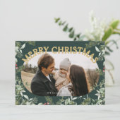 Kerst groen bladeren goud glitter foto feestdagenkaart (Staand voorkant)