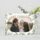 Kerst groen bladeren goud glitter foto feestdagenkaart (Staand voorkant)