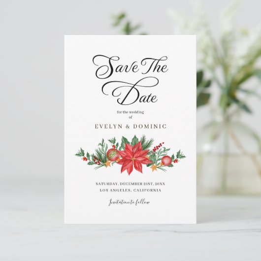 Kerst Groen Bloemen Elegante bruiloft Save The Date (Staand voorkant)