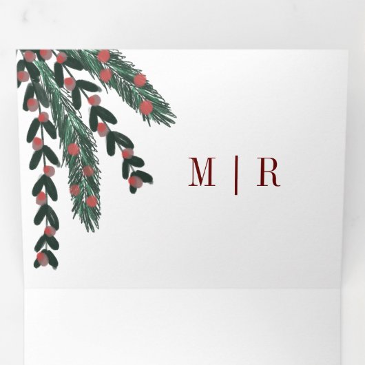 Kerst Groen Botanische Gouache bruiloft Drieluik Uitnodiging (Binnenzijde eerst)
