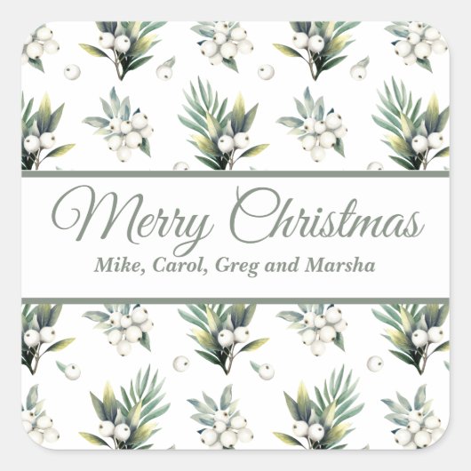 Kerst Groen en Wit Bloemen Custom Holiday Vierkante Sticker (Voorkant)