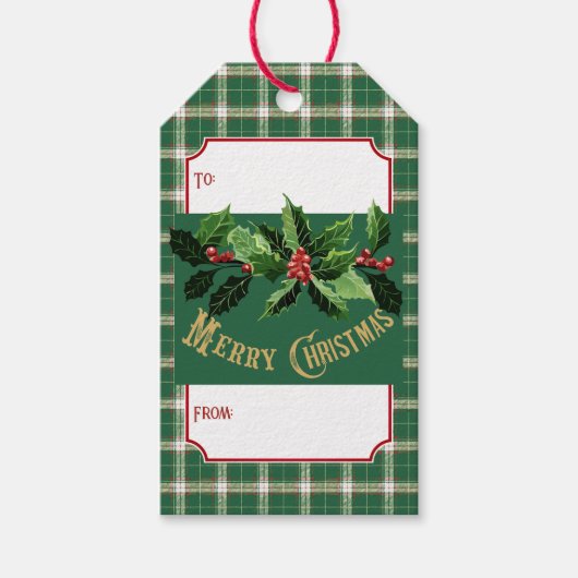 Kerst groen en wit plaid cadeaulabel (Voorkant)