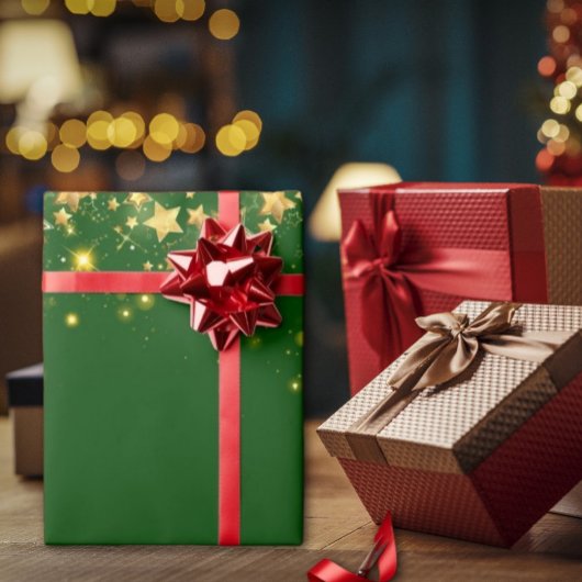 Kerst groen glanzend gouden sterren inpakpapier