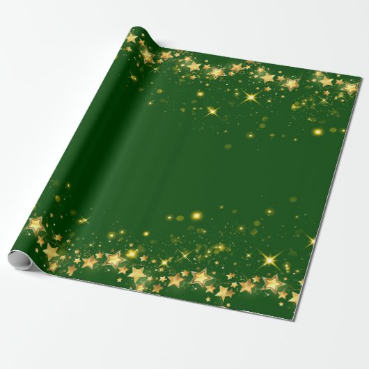 Kerst groen glanzend gouden sterren inpakpapier (Uitgerold)