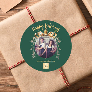Kerst groen goud bauble team foto logo ronde sticker