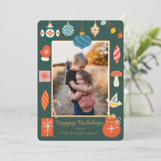 Kerst groen Ornament Schattigee familie foto Feestdagenkaart (Staand voorkant)