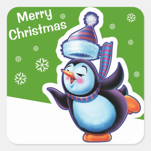 Kerst groen plein sticker Penguin schaatsen. (Voorkant)