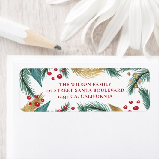 Kerst groen rood dennen mistletoe goud retour etiket (Insitu)