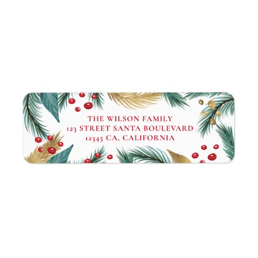 Kerst groen rood dennen mistletoe goud retour etiket (Voorkant)