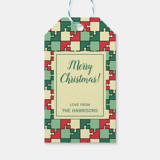 Kerst Groen Rood Geometrisch Puzzel Stuk Patroon Cadeaulabel (Voorkant)