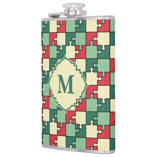 Kerst Groen Rood Geometrisch Puzzel Stuk Patroon Heupfles (Links)