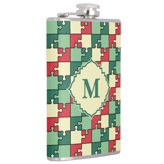 Kerst Groen Rood Geometrisch Puzzel Stuk Patroon Heupfles (Rechts)