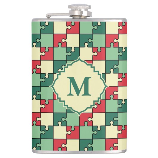 Kerst Groen Rood Geometrisch Puzzel Stuk Patroon Heupfles (Voorkant)