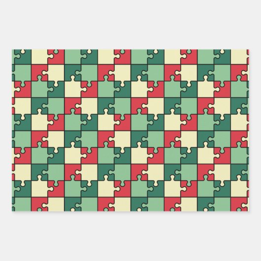 Kerst Groen Rood Geometrisch Puzzel Stuk Patroon Inpakpapier Vel (Voorkant 3)