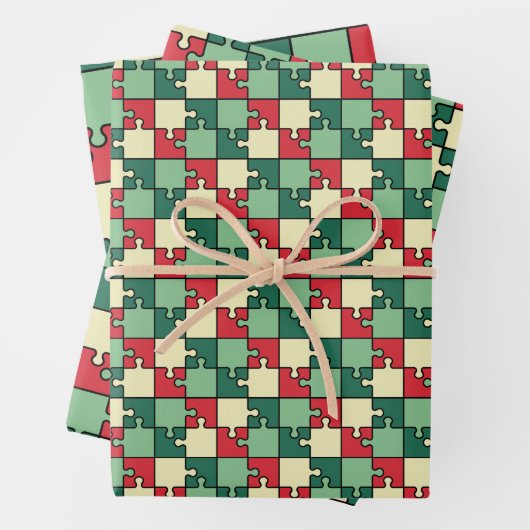 Kerst Groen Rood Geometrisch Puzzel Stuk Patroon Inpakpapier Vel (In situ)