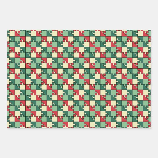 Kerst Groen Rood Geometrisch Puzzel Stuk Patroon Inpakpapier Vel (Voorkant)