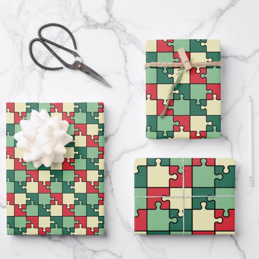 Kerst Groen Rood Geometrisch Puzzel Stuk Patroon Inpakpapier Vel (Voorkant)