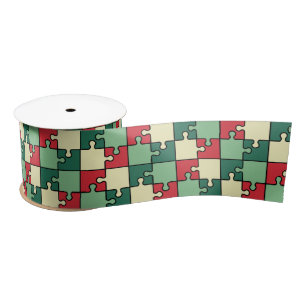 Kerst Groen Rood Geometrisch Puzzel Stuk Patroon Satijnen Lint