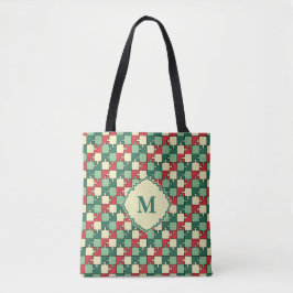 Kerst Groen Rood Geometrisch Puzzel Stuk Patroon Tote Bag