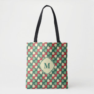 Kerst Groen Rood Geometrisch Puzzel Stuk Patroon Tote Bag