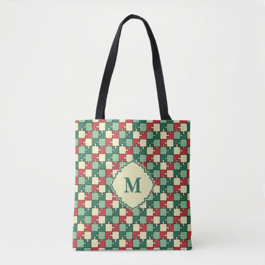 Kerst Groen Rood Geometrisch Puzzel Stuk Patroon Tote Bag (Voorkant)