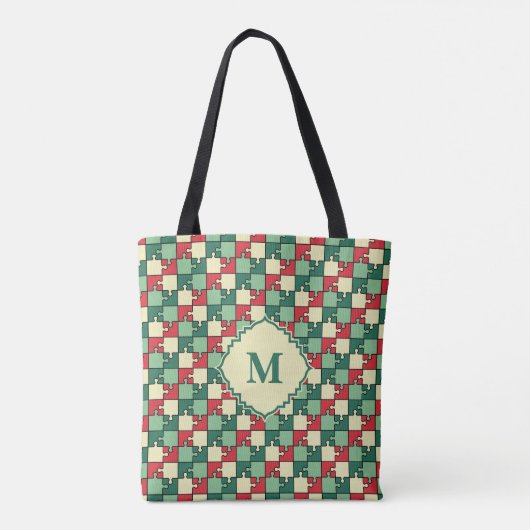Kerst Groen Rood Geometrisch Puzzel Stuk Patroon Tote Bag (Achterkant)