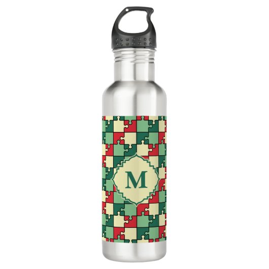 Kerst Groen Rood Geometrisch Puzzel Stuk Patroon Waterfles (Voorkant)