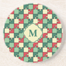 Kerst Groen Rood Geometrisch Puzzel Stuk Patroon Zandsteen Onderzetter