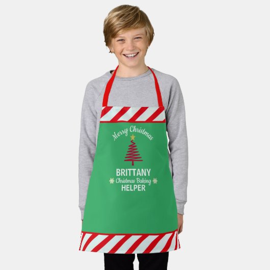 Kerst Groen & Rood Wit Strepen Elf Kind Schort (Gedragen)