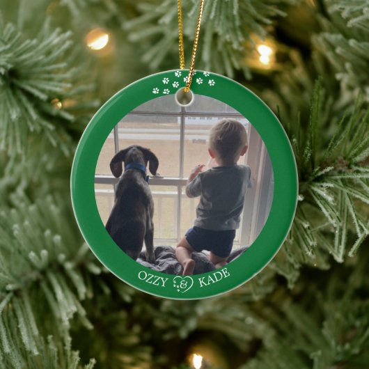 Kerst Groen Wit Gepersonaliseerd Kind Pet Foto Keramisch Ornament (Boom)