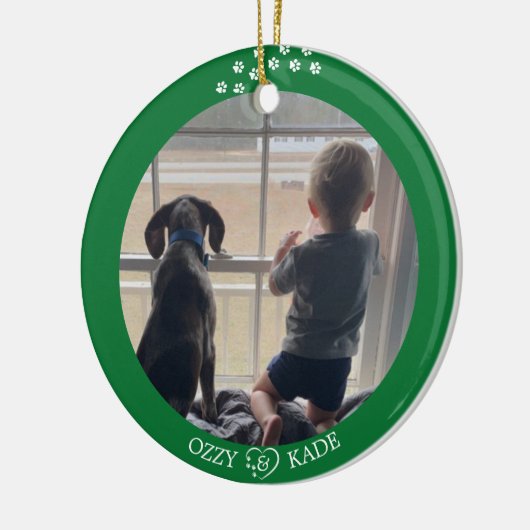 Kerst Groen Wit Gepersonaliseerd Kind Pet Foto Keramisch Ornament (Links)