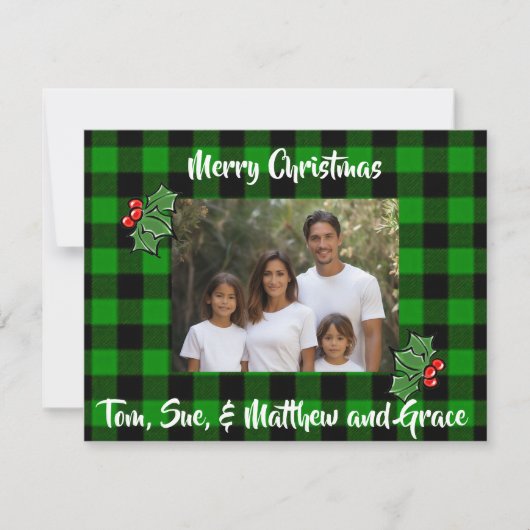 Kerst groen zwart plaid holly foto sjabloon (Voorkant)