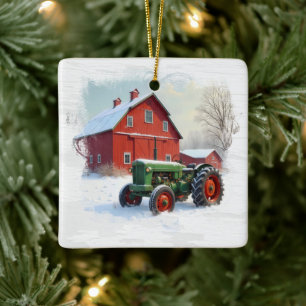 Kerst Groene Boerderij Tractor en Rode Schuur Keramisch Ornament