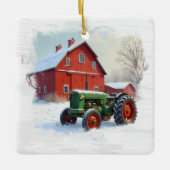 Kerst Groene Boerderij Tractor en Rode Schuur Keramisch Ornament (Voorkant)