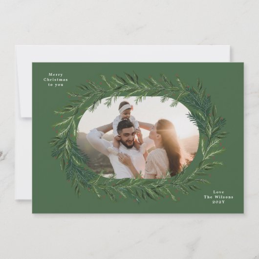 Kerst Groene dennen lijst krans Elegante foto Feestdagenkaart (Voorkant)