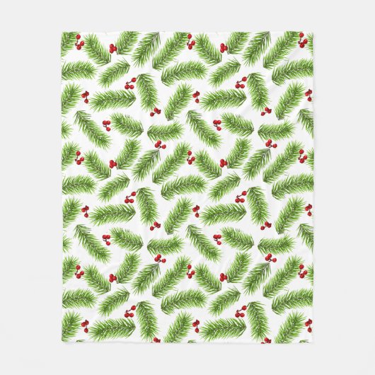 Kerst Groene dennenbladeren & rode bessen op wit Fleece Deken (Voorkant)