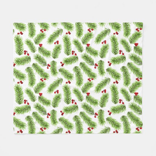 Kerst Groene dennenbladeren & rode bessen op wit Fleece Deken (Voorkant (Horizontaal))