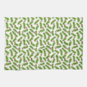 Kerst Groene dennenbladeren & rode bessen op wit Theedoek (Horizontaal)