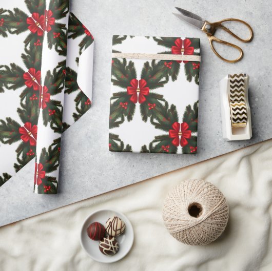 Kerst Groene Garland Rode Rijen Goud Accent Cadeaupapier (Crafts)