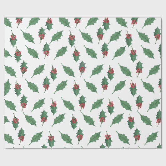Kerst Groene Holly rode bessen op wit Cadeaupapier (Vlak)