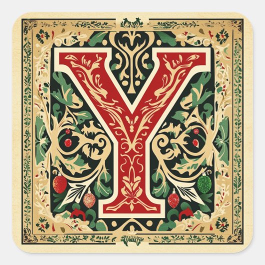 Kerst Groene letter Y met rood en goud Vierkante Sticker (Voorkant)