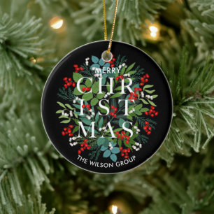 Kerst Groenen en bessen op zwart Keramisch Ornament