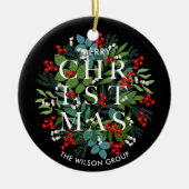 Kerst Groenen en bessen op zwart Keramisch Ornament (Voorkant)