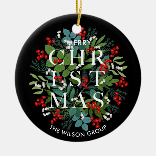 Kerst Groenen en bessen op zwart Keramisch Ornament (Voorkant)