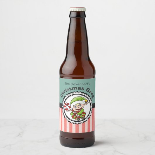 Kerst Grog met een Vakantie Elf Illustratie Bier Etiket (Voorkant)