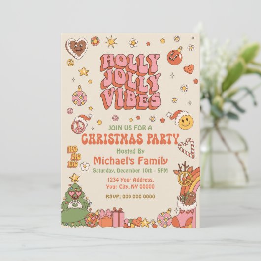 Kerst Groovy Party 70s Uitnodiging (Staand voorkant)