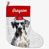 Kerst Grote Deen Hond met Naam Woof Achtergrond Grote Kerstsok (Voorkant)